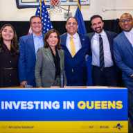 From left to right: State Sen. Kristen Gonzalez, State Sen. Mike Gianaris, Gov. Kathy Hochul, Variety CEO Costa Constantinides, Assembly Member Zohran Mamdani and Queens Borough President Donovan Richards at Variety Boys and Girls Club of Queens on Tuesday. Photo courtesy of Gov. Kathy Hochul.