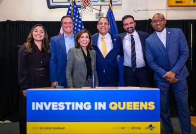 From left to right: State Sen. Kristen Gonzalez, State Sen. Mike Gianaris, Gov. Kathy Hochul, Variety CEO Costa Constantinides, Assembly Member Zohran Mamdani and Queens Borough President Donovan Richards at Variety Boys and Girls Club of Queens on Tuesday. Photo courtesy of Gov. Kathy Hochul.