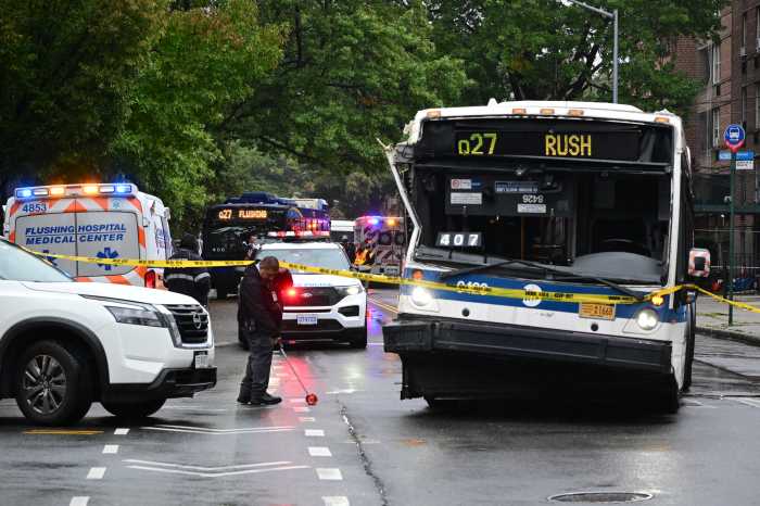 Two MTA Q27 buses collided in Flushing on Monday, Oct. 13, leaving 19 passengers with minor injuries, officials said.