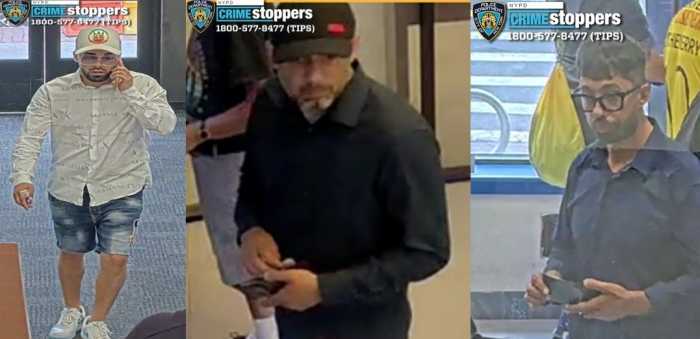 Cops are looking for these three suspects who allegedly switched an elderly man's bank card while he waited for an ATM at a Chase branch ATM in Woodside nearly four months ago, stealing nearly $7,000 from his account.
