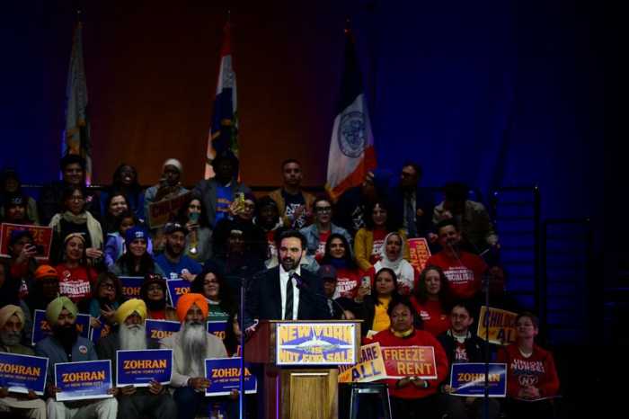 Democratic nominee Zohran Mamdani speaks at a massive Get Out the Vote rally at Forest Hills Stadium. Photo by Lloyd Mitchell.