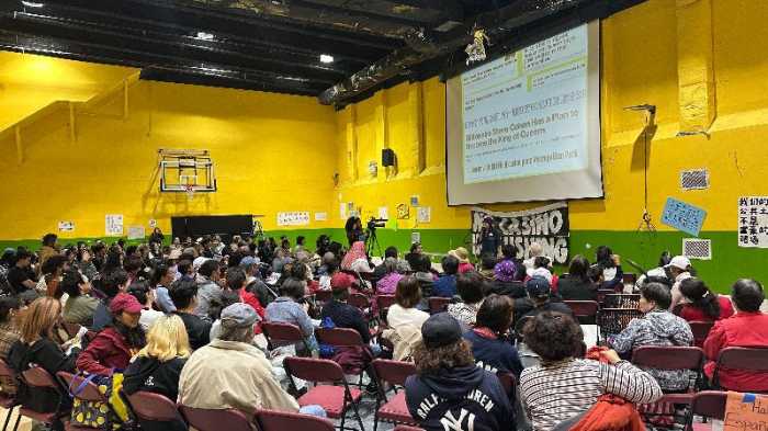 Speakers at Sunday's town hall criticized State Sen. John Liu for introducing parkland alienation legislation necessary for the progress of Metropolitan Park. Photo courtesy of Flushing Workers Center.