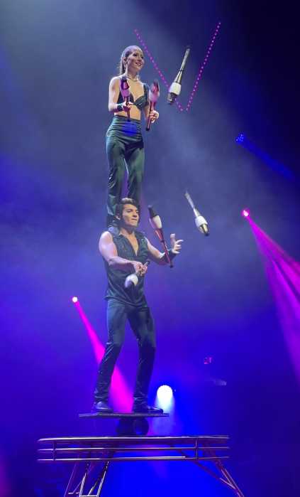 Ringmaster Jan Vasquez and his sister Carolina Vasquez performing their new act for the 2025 Flip Circus Tour.