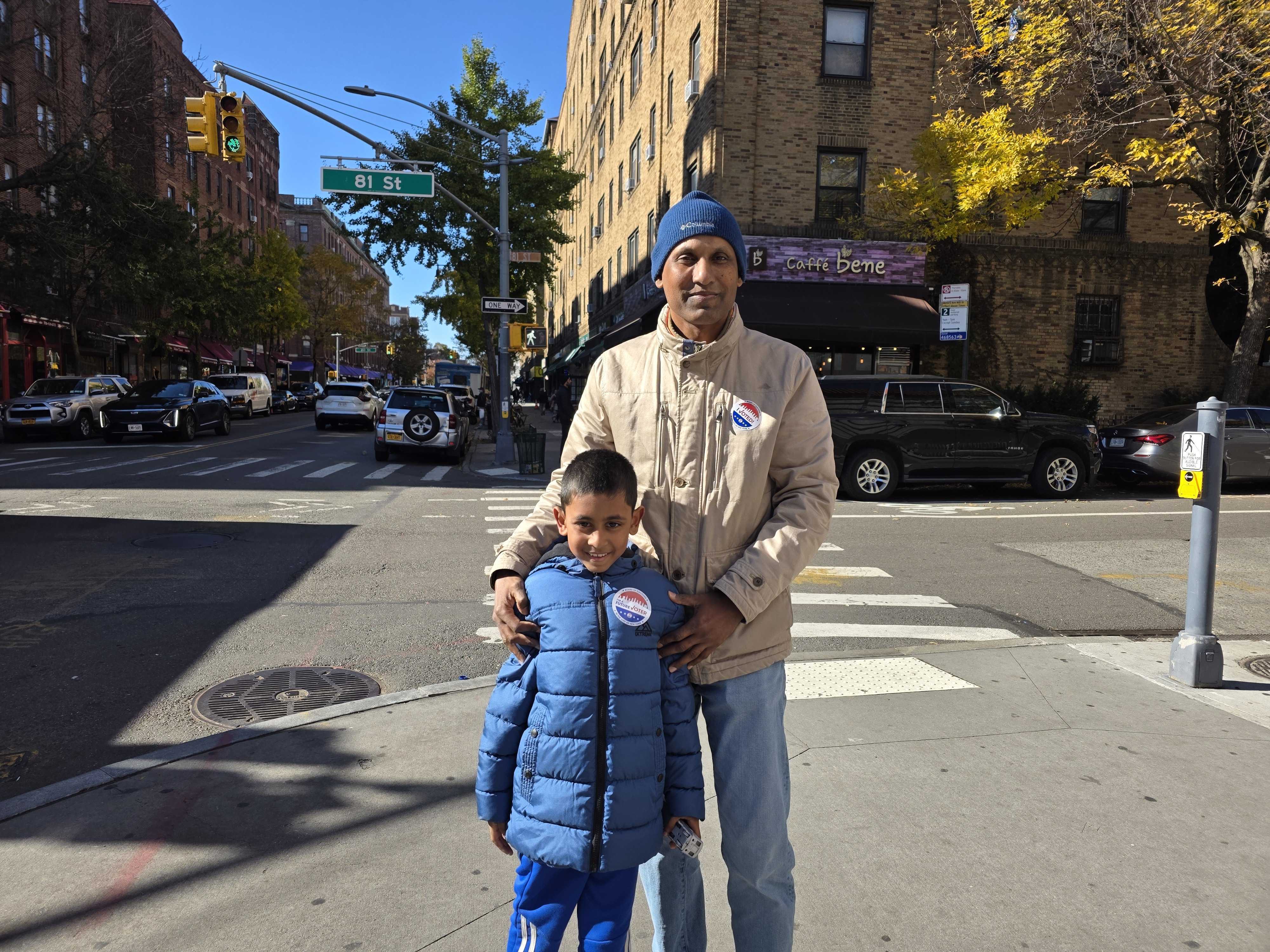 Islam Shanidul and his son after he cast his vote in Jackson Heights.