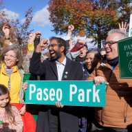 Council Member Shekar Krishnan and Jackson Heights resident celebrate the co-naming of 34th Avenue as Paseo Park. Photo by Gerardo Romo / NYC Council Media Unit.