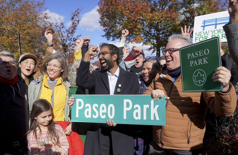 Council Member Shekar Krishnan and Jackson Heights resident celebrate the co-naming of 34th Avenue as Paseo Park. Photo by Gerardo Romo / NYC Council Media Unit.