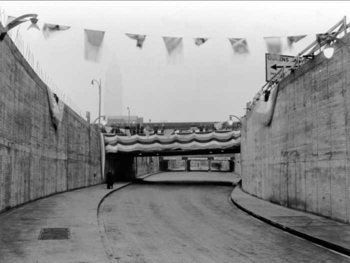Bunting decorates the tunnel during Opening Day ceremonies. November 15, 1940. Photographer unknown.