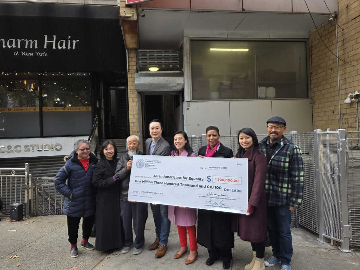 Council Member Sandra Ung, Council Speaker Adrienne Adams and AAFE leadership at an event announcing $1.3 million in funding for the organization. Photo by Shane O'Brien.