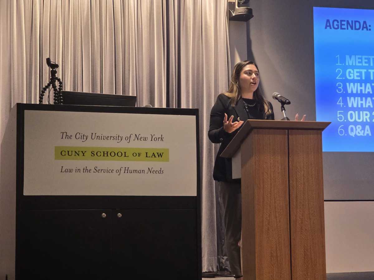 State Sen. Kristen Gonzalez speaks to constituents at CUNY School of Law. Photo by Shane O'Brien.