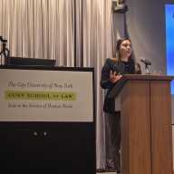 State Sen. Kristen Gonzalez speaks to constituents at CUNY School of Law. Photo by Shane O'Brien.