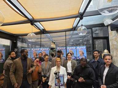 Rana Abdelhamid speaks at the launch of her run for Assembly District 36 in Astoria. Photo by Shane O'Brien.