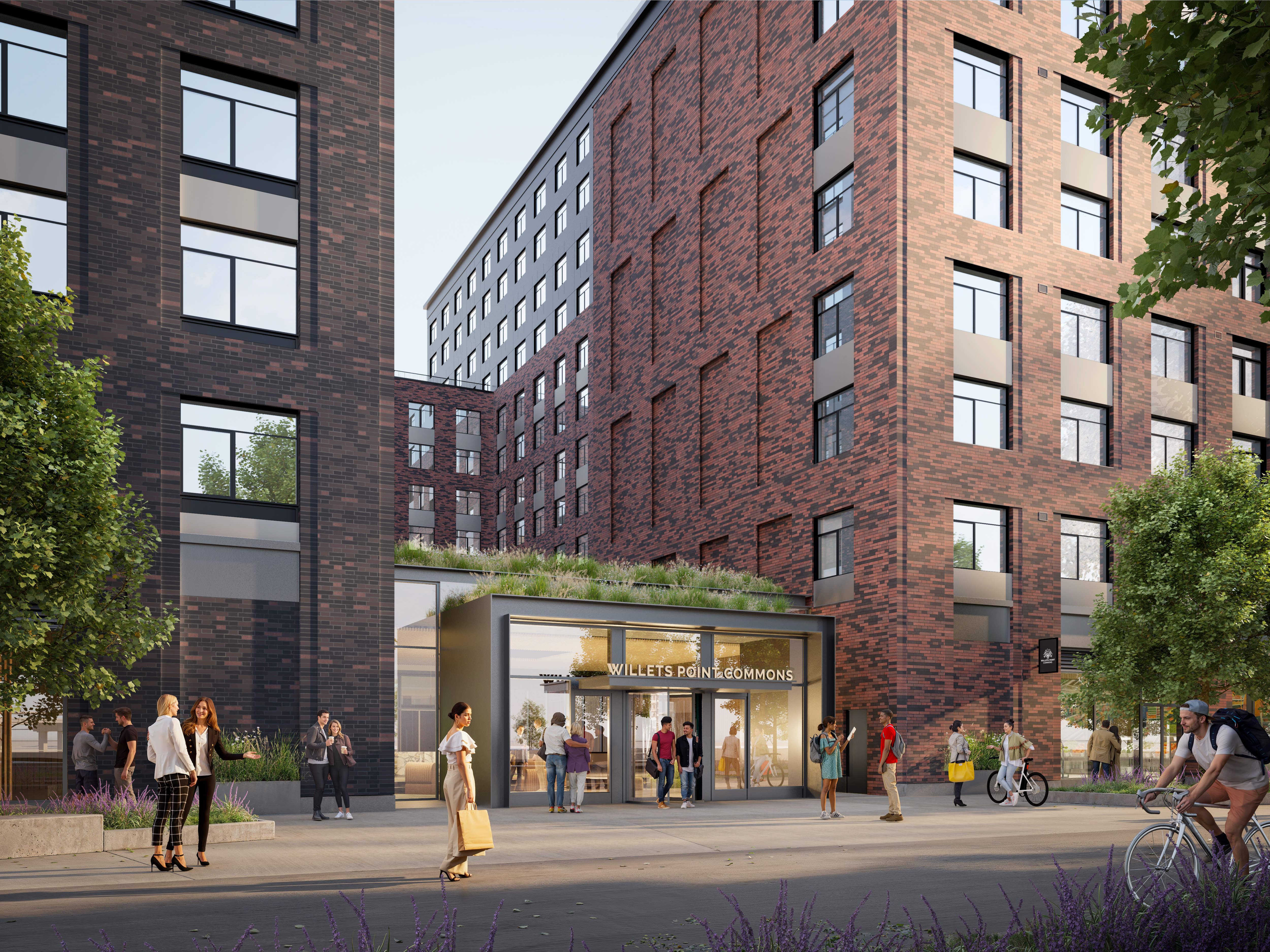 Renderings for the Willets Point Commons affordable housing development.