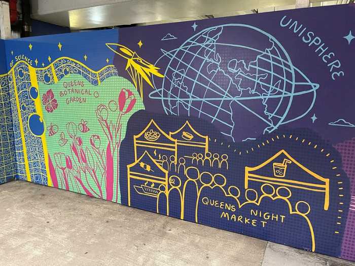 The mural contains references to the iconic Unisphere in Flushing Meadows Corona Park. Photo via Port Authority Flickr.