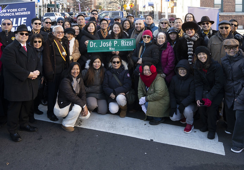 Elected officias and community members celebrating the co-naming of Woodside Avenue as the "Dr. José P. Rizal Way" in a ceremony last Friday. Photo by Gerard Romo/NYC Council Media Unit.