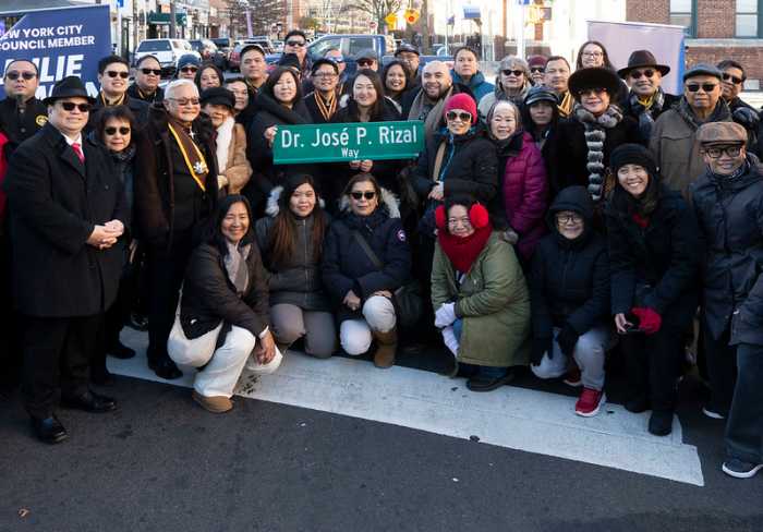 Elected officias and community members celebrating the co-naming of Woodside Avenue as the "Dr. José P. Rizal Way" in a ceremony last Friday. Photo by Gerard Romo/NYC Council Media Unit.