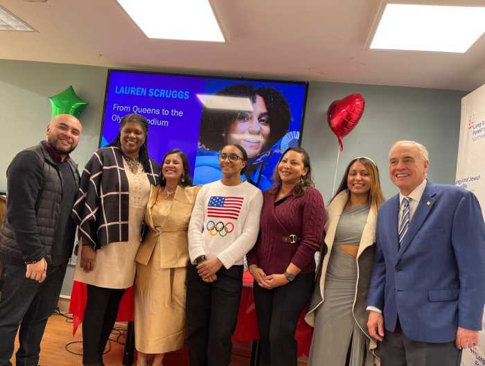 Lauren Skye Scruggs with her mother Stephany McClain and elected officials at Long Island Jewish Forest Hills. Photo via Arts4All Foundation