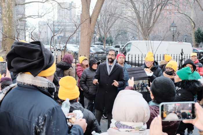 Council Member Shekar Krishnan outside City Hall on Thursday. Photo courtesy of Street Vendor Project.
