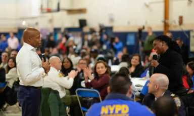 New York City Mayor Eric Adams hosts “Talk with Eric: A Community Conversation” at I.S. 61 in Corona, Queens on Wednesday, January 22, 2025. The town hall was one of the most-read political stories of the year. Photo by Michael Appleton/Mayoral Photography Office
