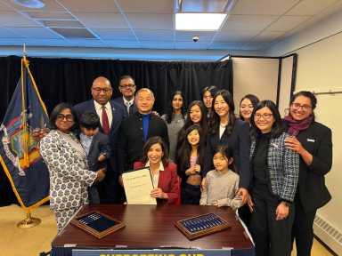 Gov. Kathy Hochul with State Sen. John Liu and Assembly Member Grace Lee, the chief sponsors of a bill aimed at improving how AANHPI history is taught in New York schools. Also pictured is Queens Borough President Donovan Richards. Photo courtesy of State Sen. John Liu.