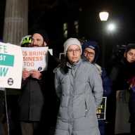 Council Member Tiffany Cabán and transit advocates held an "emergency rally" in Athens Square Park protesting a recent ruling ordering the DOT to halt plans for a protected bike lane on 31st Street. Photo courtesy of Transportation Alternatives.