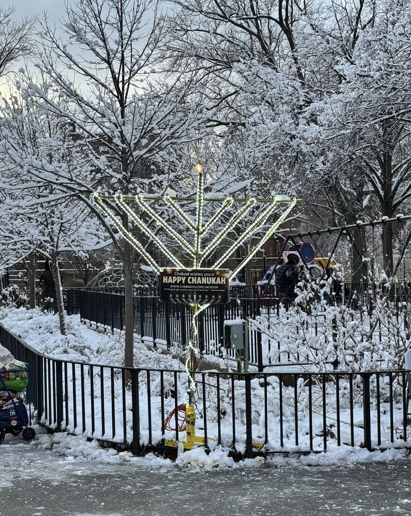 Vandals sprayed the large menorah in Travers Park with foam early Sunday morning. Photo courtesy of Hiram MoVandals sprayed the large menorah in Travers Park with foam early Sunday morning. Photo courtesy of Hiram Monserrate. nserrate.