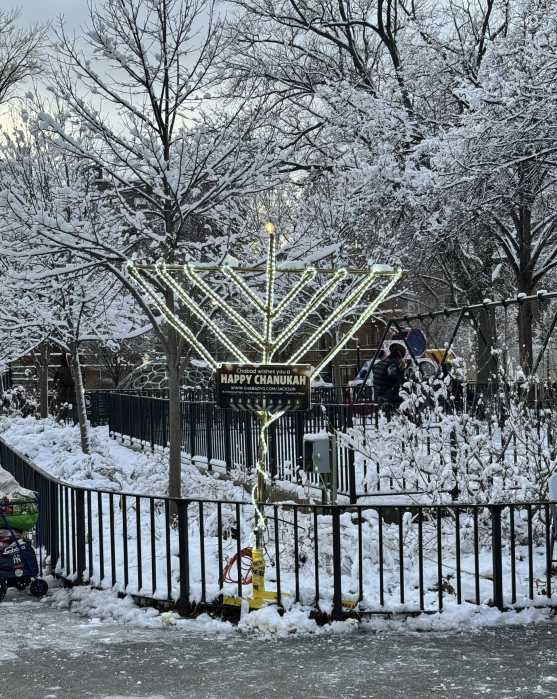 Vandals sprayed the large menorah in Travers Park with foam early Sunday morning. Photo courtesy of Hiram MoVandals sprayed the large menorah in Travers Park with foam early Sunday morning. Photo courtesy of Hiram Monserrate. nserrate.