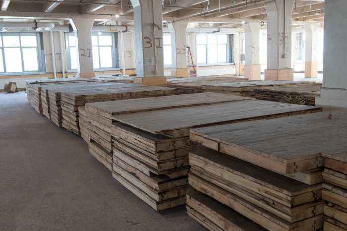 Stacks of salvaged wood in LaGuardia's Building C. Photo courtesy of LaGuardia Community College.