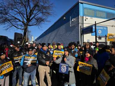 Cabán has introduced the Delivery Protection Act, which would force delivery companies to recognize delivery drivers as their employees. Cabán rallied alongside Teamsters outside the DBK1 facility on Dec. 12. Photo by Shane O'Brien.