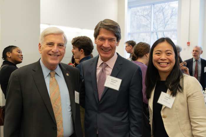 LaGuardia Community College President Kenneth Adams (center) with Assembly Member David Weprin and Claudia Chan, LaGuardia's deputy director of Government Relations. Photo courtesy of LaGuardia Community College.