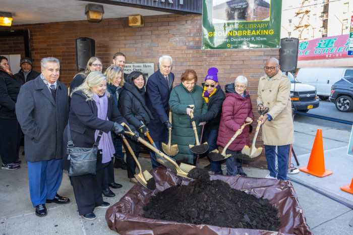 Left to right: Former Community Board 6 District Manager Frank Gulluscio, Community Board 6 Chair Heather Beers-Dimitriadis, Community Board 6 District Manager Christine Nolan, Queens District Attorney Melinda Katz, Assembly Member Andrew Hevesi, Congresswoman Grace Meng, Council Member Robert Holden, former Council Member Karen Koslowitz, QPL President and CEO Dennis M. Walcott, Council Member Lynn Schulman and Queens Borough President Donovan Richards marked the ceremonial groundbreaking for the new Rego Park Library.