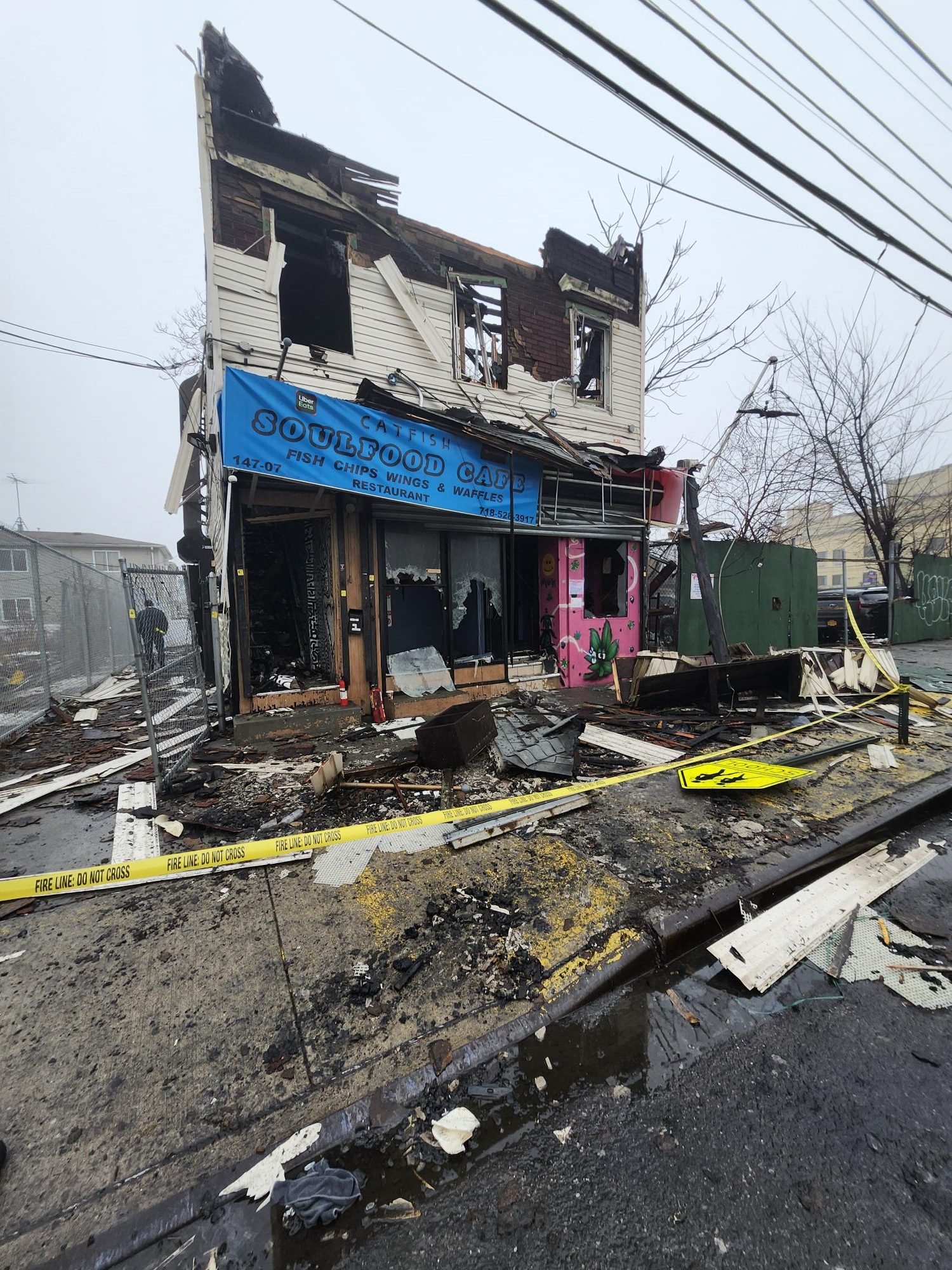 DOB inspectors found extensive fire damage throughout the building with a completely collapsed roof. 