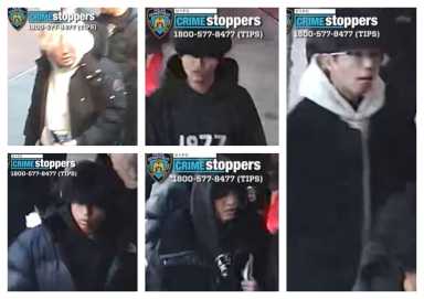 Cops are searching for these five suspects who viciously attacked a 17-year-old boy in a Flushing schoolyard leaving him stabbed, beaten and robbed of his personal property.
