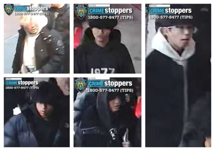 Cops are searching for these five suspects who viciously attacked a 17-year-old boy in a Flushing schoolyard leaving him stabbed, beaten and robbed of his personal property.