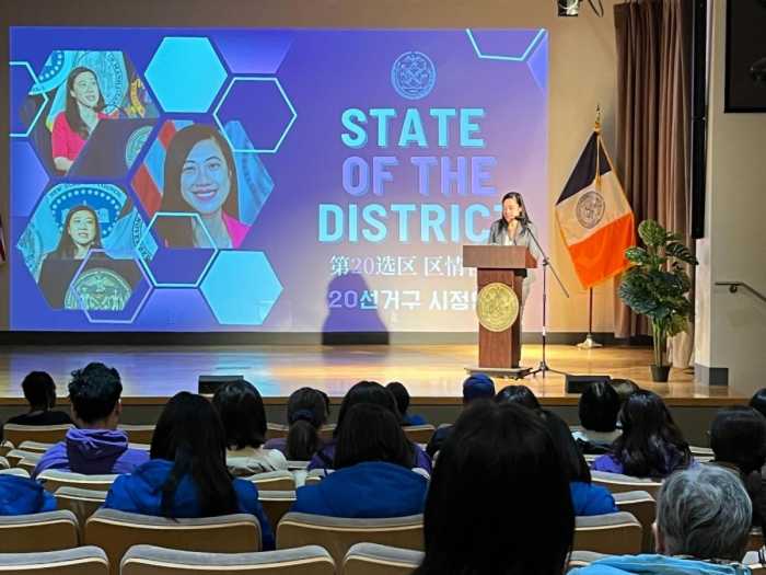 Council Member Sandra Ung speaks at a recent State of the District Address in Flushing Library. Photo courtesy of CM Sandra Ung.