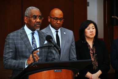 U.S. Rep. Gregory Meek calls for ICE to be defunding at a press conference at Queens Borough Hall Thursday afternoon. Photo by Ramy Mahmoud.