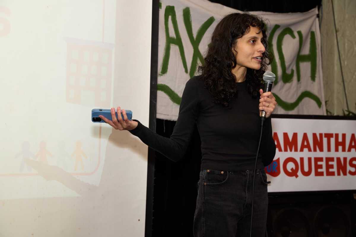 Samantha Kattan speaks at a launch party at the Windjammer in Ridgewood. Photo via Emily Teague.