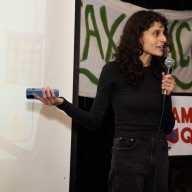 Samantha Kattan speaks at a launch party at the Windjammer in Ridgewood. Photo via Emily Teague.
