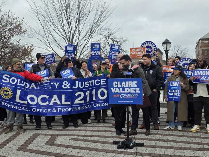 Mamdani and Valdez embrace at the event. Photo by Shane O'Brien.