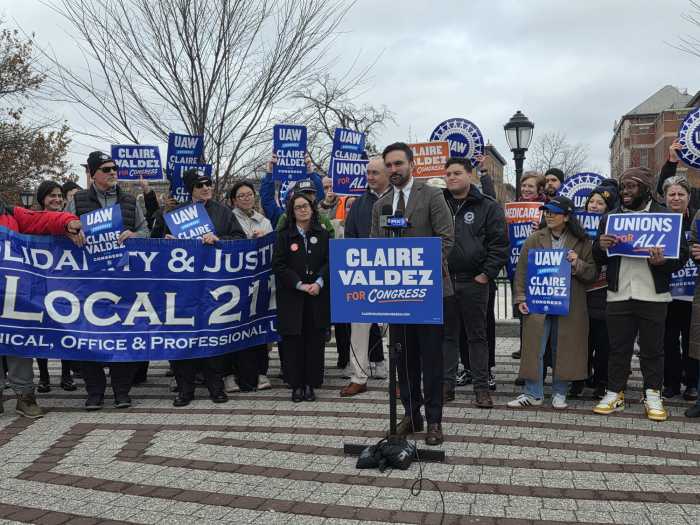 Mayor Zohran Mamdani endorsed Claire Valdez's congressional bid at an event at Maria Hernandez Park Friday afternoon. Photo by Shane O'Brien.