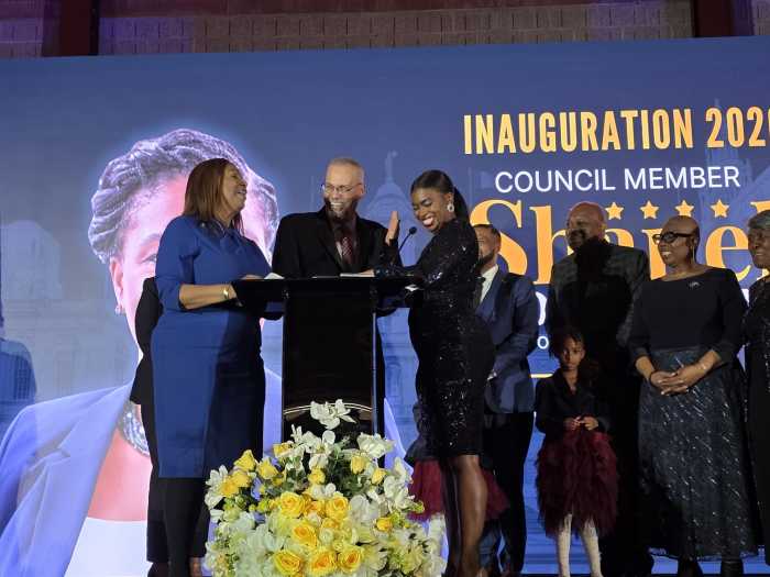 Attorney-General Letitia James inaugurates Council Member Shanel Thomas-Henry at Elmcor's Northern Boulevard facility Friday night. Also pictured is former Assembly Member Jeff Aubry.