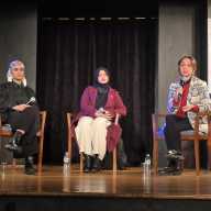 Rana Abdelhamid, Mary Jobaida and Diana Moreno at a debate ahead of the Feb. 3 special election. Photo by Shane O'Brien.