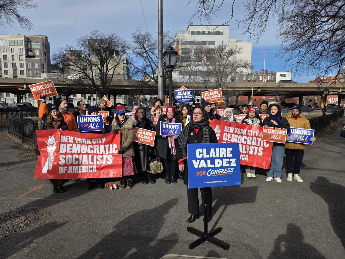 Assembly Member Claire Valdez speaks at a campagin event at Brooklyn's Macri Triangle. Photo by Shane O'Brien.