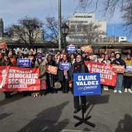 Assembly Member Claire Valdez speaks at a campagin event at Brooklyn's Macri Triangle. Photo by Shane O'Brien.