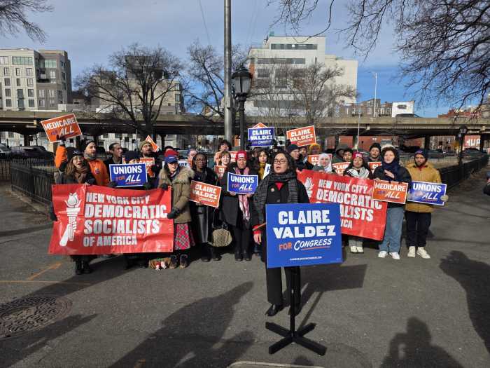 Assembly Member Claire Valdez speaks at a campagin event at Brooklyn's Macri Triangle. Photo by Shane O'Brien.