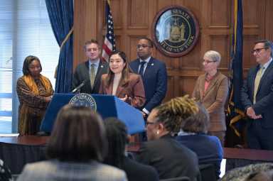Chair of the Senate Elections Committee, Senator Kristen Gonzalez speaking on the Elections package with Majority Leader Stewart-Cousins, Deputy Leader Gianaris, Senator Myrie, Senator Scoufis, and Senator May