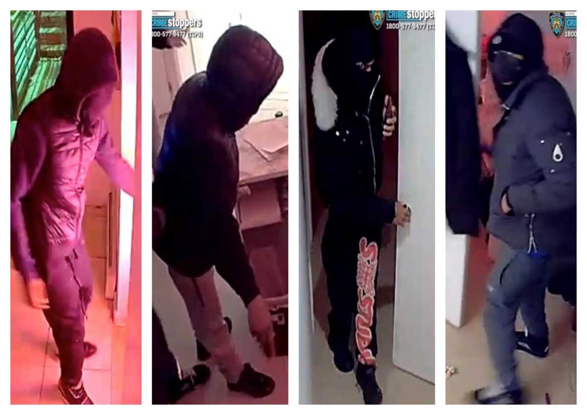 Cops are looking for the four masked men who allegedly robbed a spa in Forest Hills at gunpoint and made off with a safe after pistol-whipping a worker.