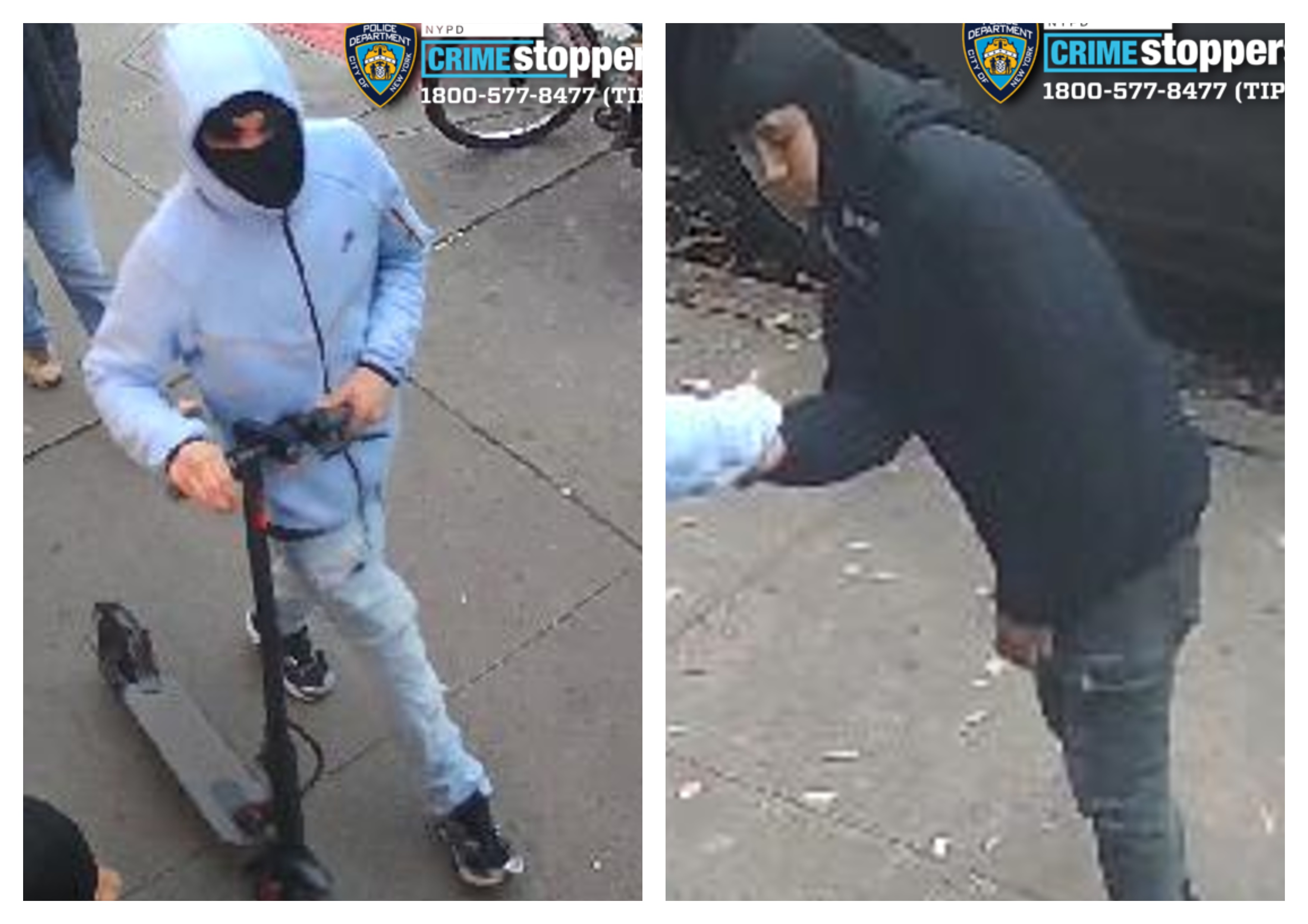 Cops are looking for the two electric scooter-riding suspects who stole an elderly man's property during a grand larceny incident in Corona.