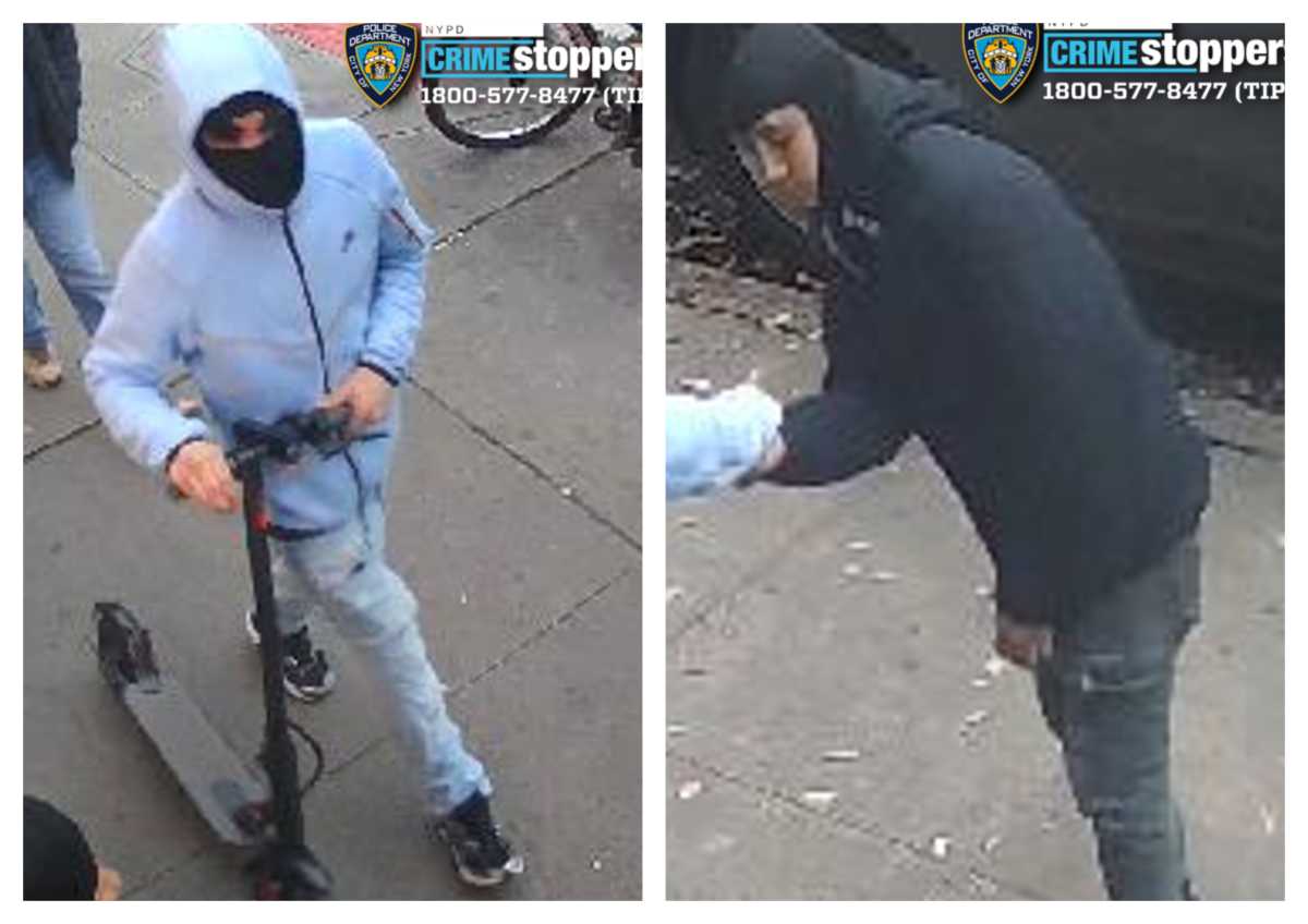 Cops are looking for the two electric scooter-riding suspects who stole an elderly man's property during a grand larceny incident in Corona.