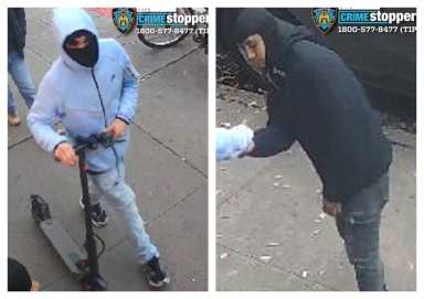 Cops are looking for the two electric scooter-riding suspects who stole an elderly man's property during a grand larceny incident in Corona.