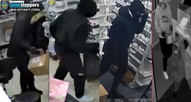 Police from two Queens precincts and one in the Bronx are looking for four burglary suspects who allegedly broke into several drug stores last month.